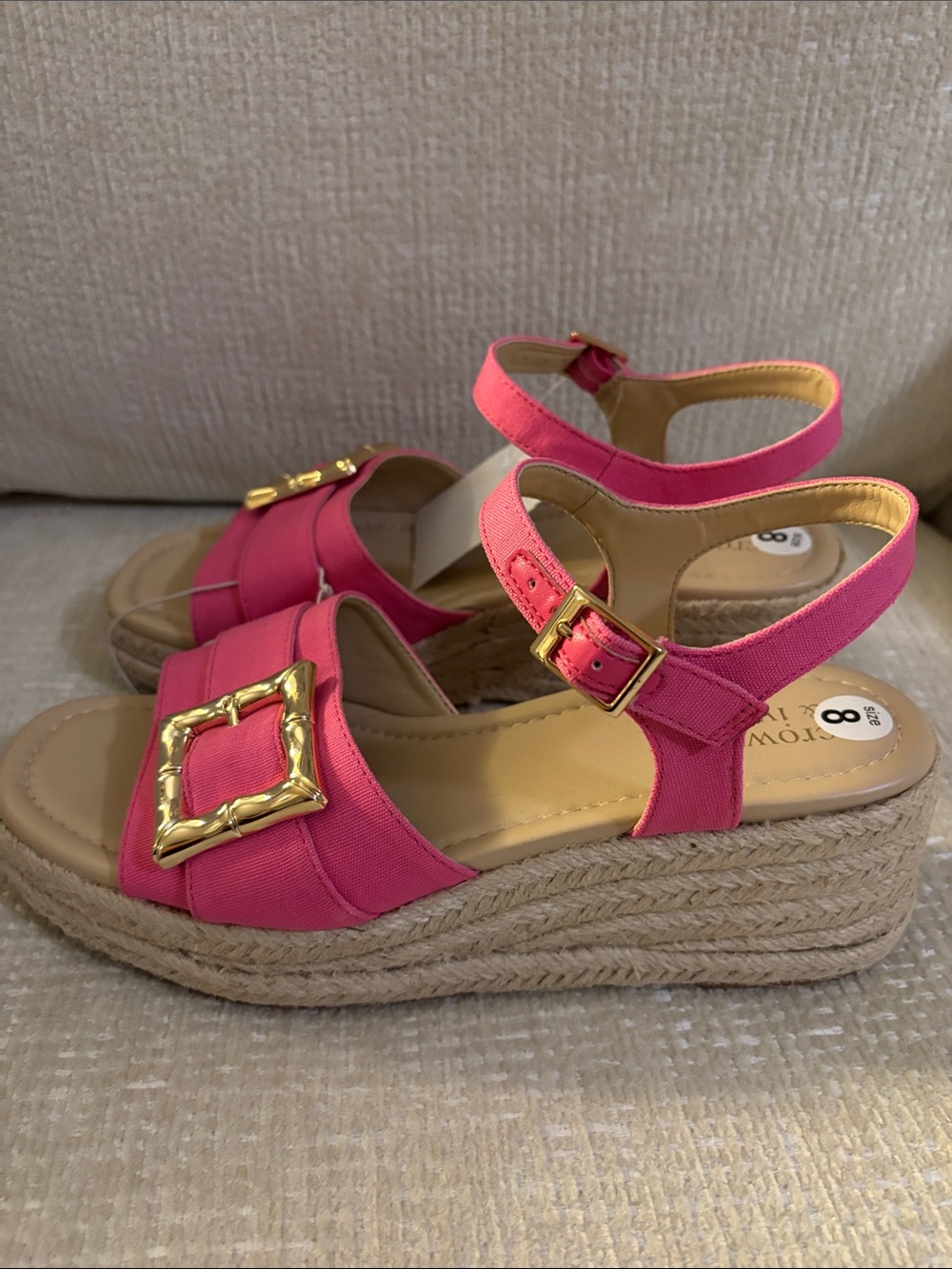 Crown & Ivy Hot Pink Espadrille Wedge Sandals with Gold Buckles - Picture 2 of 9